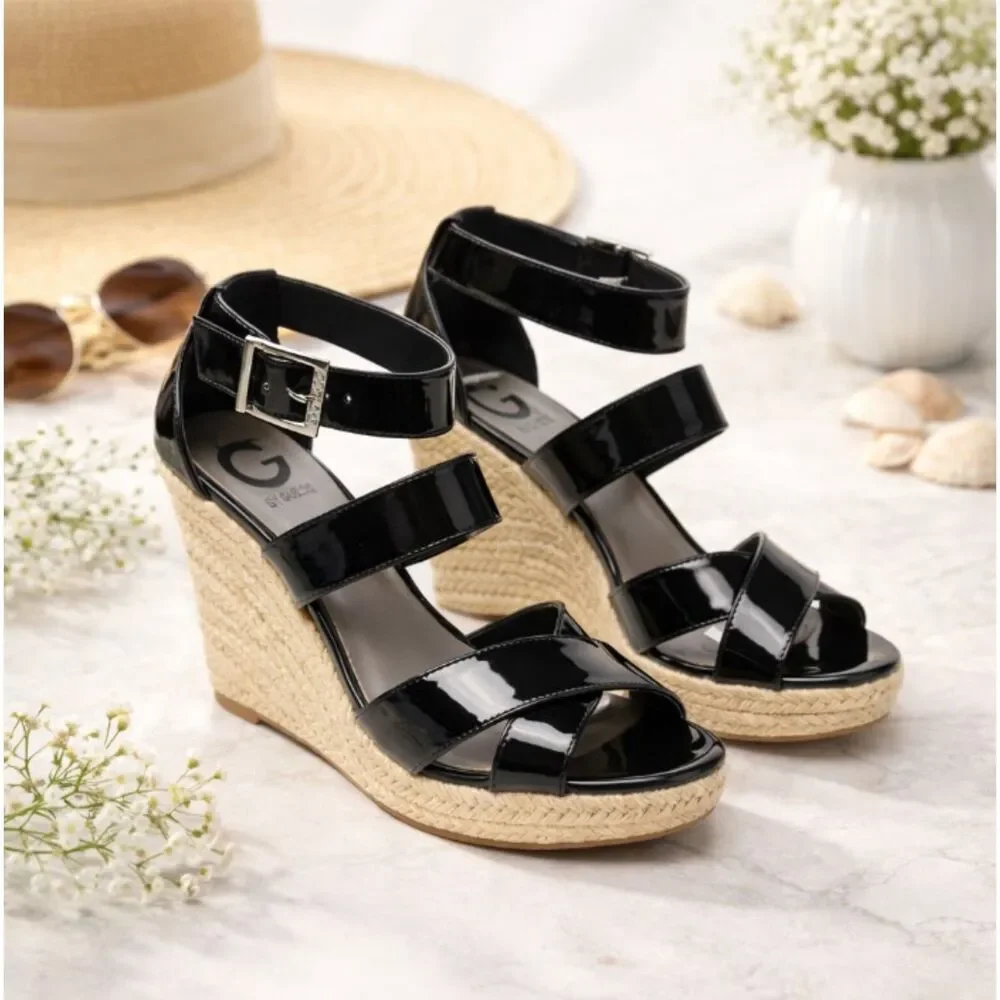 G by GUESS Black Patent Espadrille Wedge Sandals Ankle Strap Sz 8M